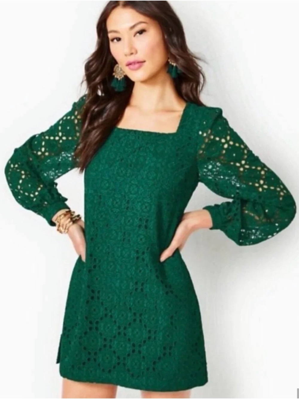 Lilly Pulitzer Emerald Green Lace Square-Neck Mini Dress